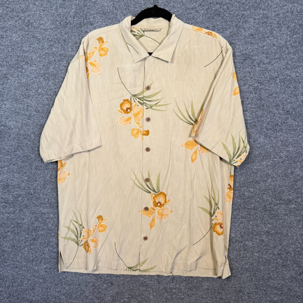 Tommy Bahama Shirt Mens Large Beige‎ Floral Buttons Silk Short Sleeve Relax